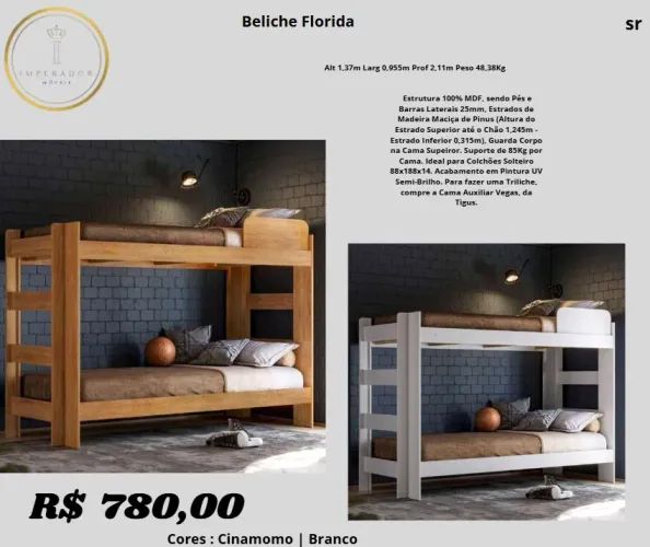 Beliche Florida, ideal para colchões solteiro 88x188x14.