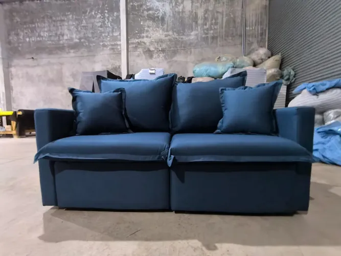 Sofá cama zero caixa tecido linho azul dimensões 1.60x1.50 espuma D33 de qualidade