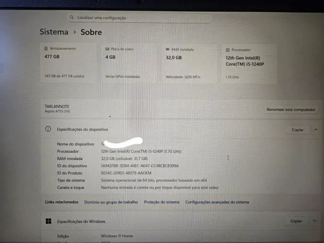 Notebook Acer 32gb/500gb/Geforce Rtx3050