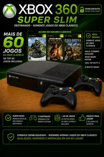 Xbox 360 Super Slim Desbloqueado + 2 Controles | 60+ Jogos Clássicos do Xbox Original
