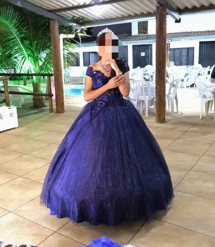 Vestido de Debutante 2 em 1 Azul com Brilho