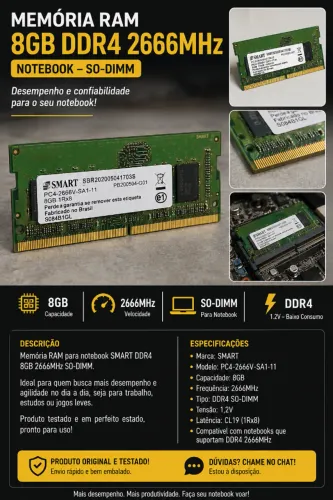 Memória RAM 8GB DDR4 2666MHz para Notebook SO-DIMM SMART