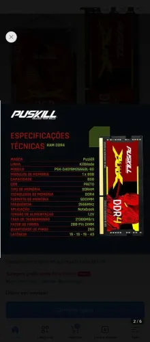 Memória RAM Puskill Killblade 8GB DDR4 2666MHz SODIMM Notebook Gamer