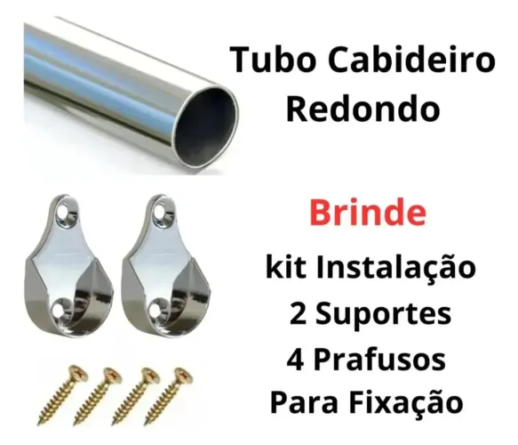Tubo cabideiro Cromado até 1 metro com suporte e parafuso