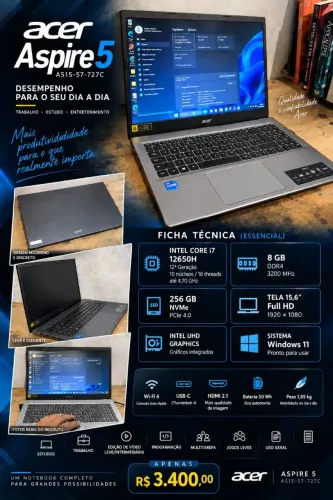 Notebook Acer Aspire i7 12ª - 8gb Ram - A515-57-727C