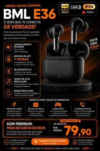 Fone Fone de Ouvido Sem Fio BML E36 Bluetooth 5.4 Hi-Res Audio IPX4 Original - Novo!