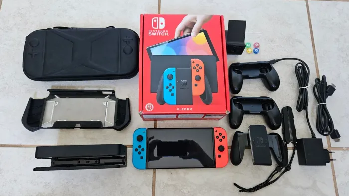 Nintendo Switch OLED Neon - Completo + SD 128gb + Case Mumba