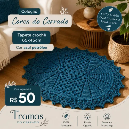 Tapete de Crochê 67x45cm, azul, unidade