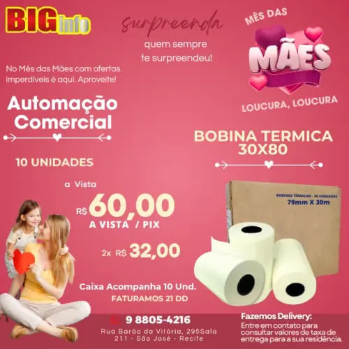 Bobinas Térmica Para Cupom Fiscal 80 X 30m Kit 10 Unidades