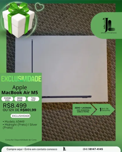 MACBOOK AIR M5, 512GB, 16GB RAM, TELA 13.6 POL., LACRADO, LANÇAMENTO!