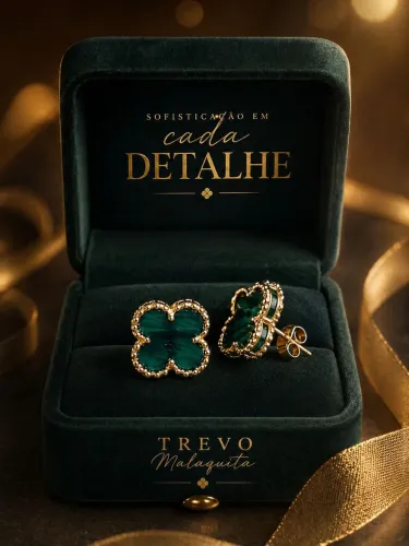 Par de Brincos Trevo com Malaquita em Ouro 18K 750