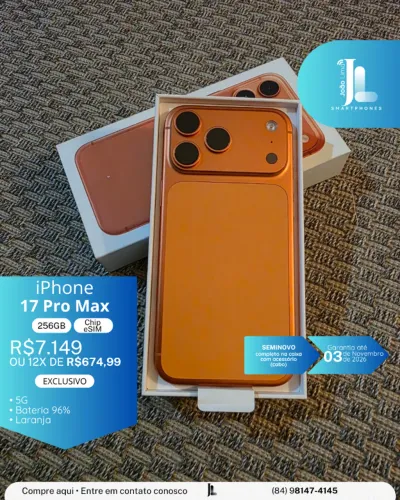 IPHONE 17 PRO MAX, 5G, CHIP ESIM, 256GB, BAT 96%, SEMINOVO NA GARANTIA, EXCLUSIVO!