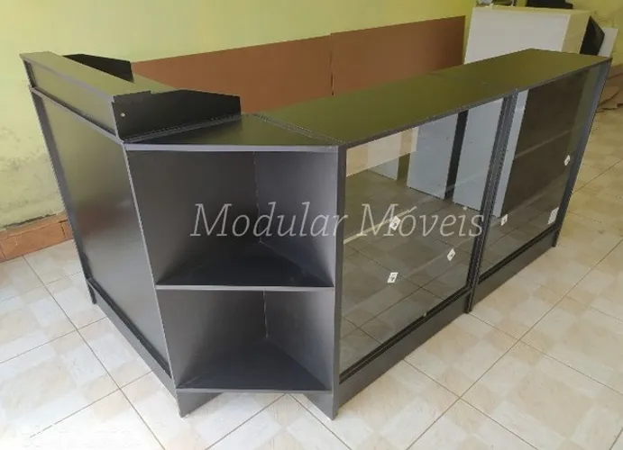 Balcão Caixa em L + 2 Balcões Vitrine Preto - 100% MDF