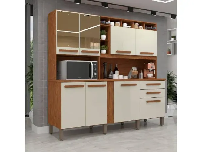 Cozinha Antonella c/ espelho 6 Portas 2 Gavetas Cinamomo/Off White Até 12x - Frete Grátis