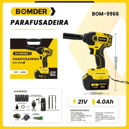 Parafusadeira e Furadeira de Impacto Recarregável, Com Duas Baterias 21V!