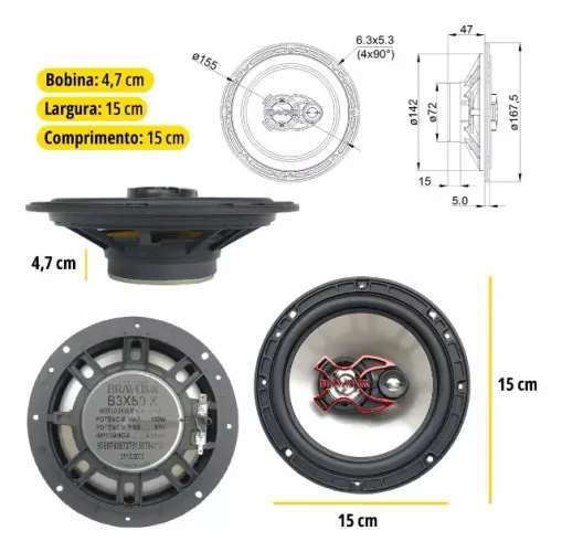 Par Alto Falante Triaxial Bravox 6 Polegadas B3x60x 100 Watts RMS 4 Ohms Som Automotivo
