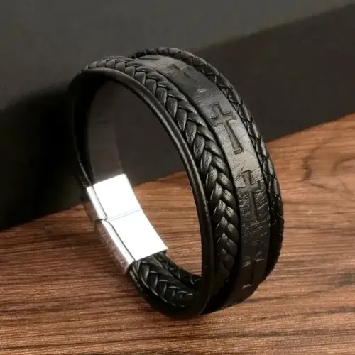 Pulseira couro cruz trançado preta nova