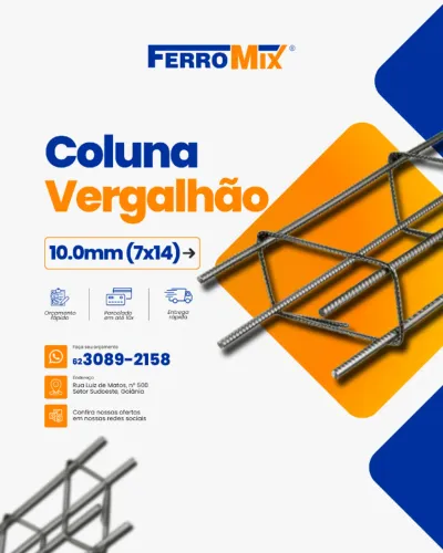 Coluna Soldada 7x14cm - CA50 3/8" (10 mm) - 6 metros - Parcelado em até 10 vezes sem juros