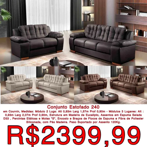 Conjunto Sofá 2 e 3 lugares Rondomoveis 240 courvin / 3 cores disponíveis  / frete grátis 