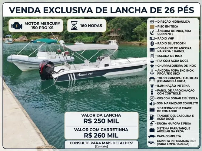 Lancha 26 pes completo pra pesca com sonar e gps