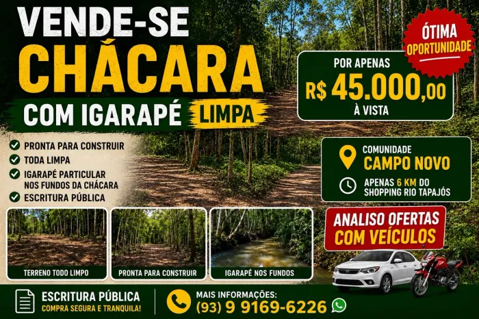 Chácara com Igarapé particular no campo novo,10 minutos do shopping o rio Tapajós