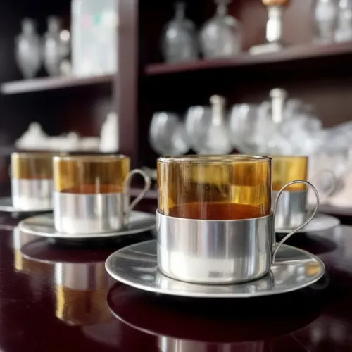 Conj. 5 xícaras Duralex com pires inox para cafezinho