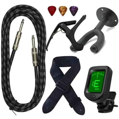 Kit Acessórios Para Violão e Guitarra Afinador Cabo P10 Capotraste Correia Suporte Palheta