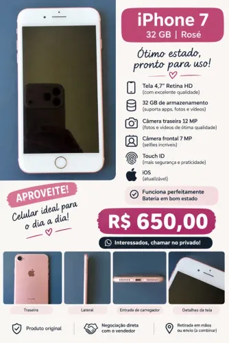 ? IPHONE 7 ROSÉ - ? R$ 650,00