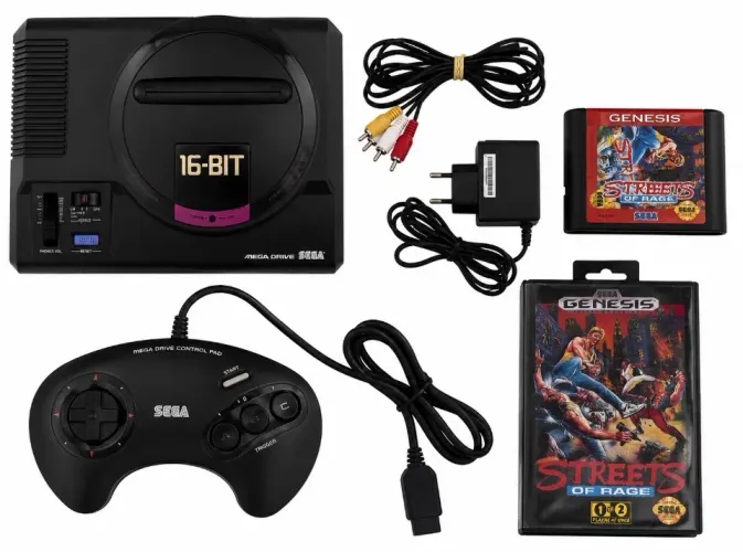 Mega drive modelo 1 japonês, na caixa sem berço, controle original, cabos e jogo