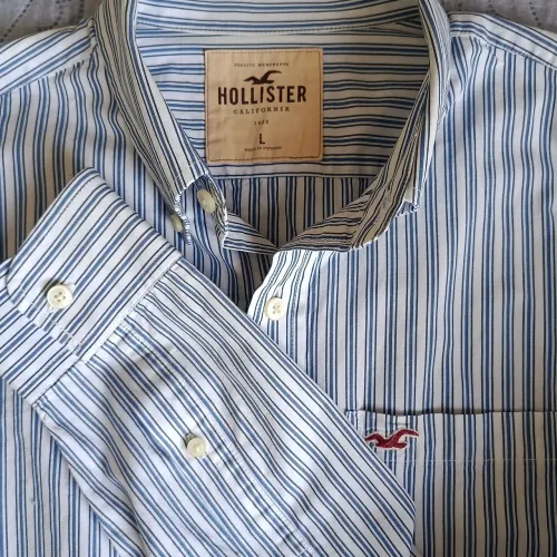 camisa masculina hollister listrada azul branca algodão g