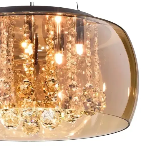 Lustre pendente de luxo com cristais e cúpula de vidro âmbar