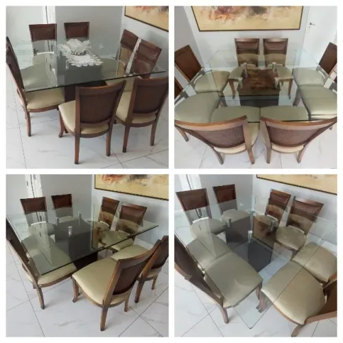 Mesa de vidro Quadrangular com 8 cadeiras