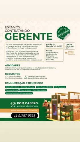 Vaga de emprego vendedor ou gerente