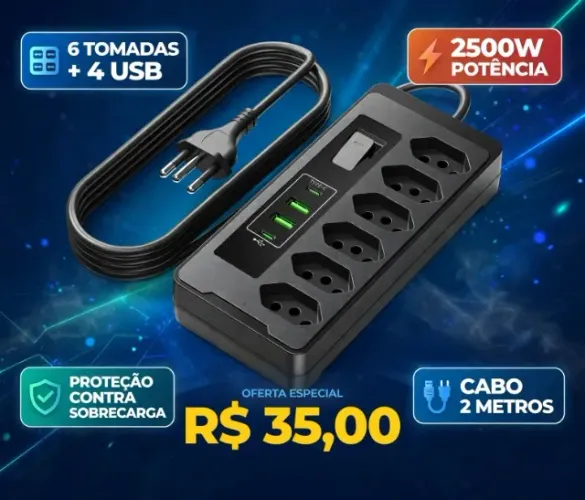 Filtro De Linha Régua Extensão 6 Tomadas E 2 Usb 2 Pd 2500 Watts