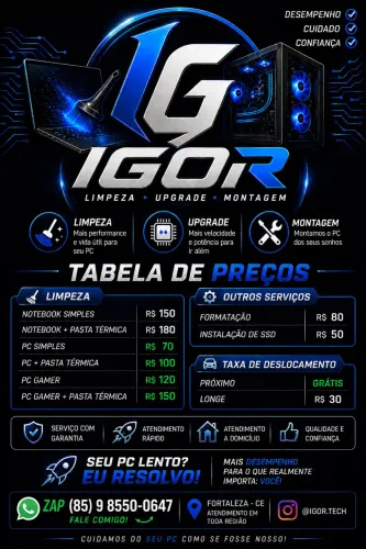 Serviço a domicílio. Limpeza de pc, limpeza de notebook, upgrade, montagem 
