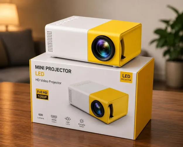 AMARELO/BRANCO - mini projetor portátil led 1080p com saída HDMI- 600 lumens