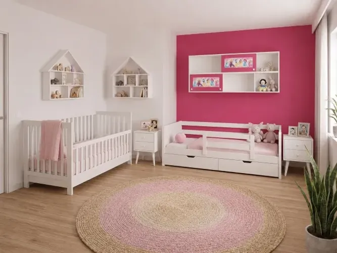 Quarto Infantil Completo em Madeira - Berço, Cama Solteiro com Gavetões e Móveis
