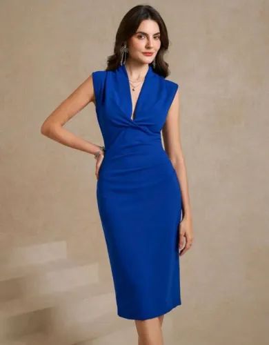 Vestido Eleganza Azul Royal Elegante Texturizado Com Decote V Tamanho P