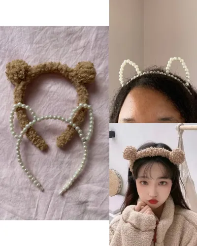 2 kits tiaras carnaval fantasia urso e gatinho com pérolas