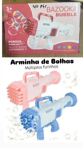 uma Pistola Lança Bolhas Bazooka 32 Furos de brinquedo na cor rosa, recomendada a criança