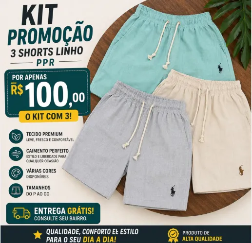 Kit 3 bermudas linho
