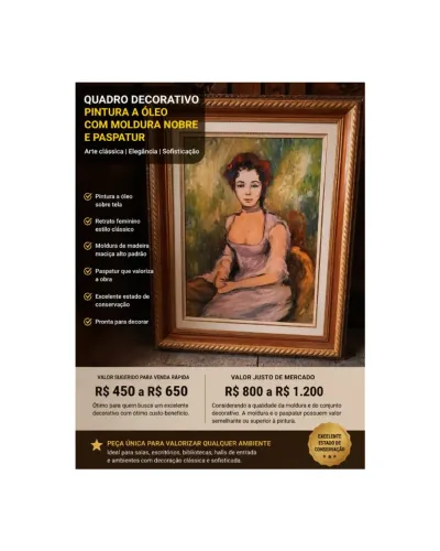 Quadro com Pintura a Óleo e Moldura de Madeira Alto Padrão com Paspatur - Excelente Estado