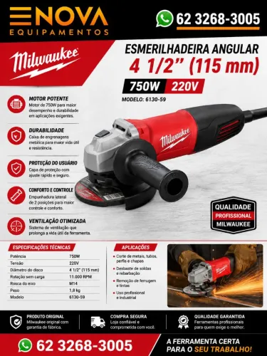 Esmerilhadeira Angular 4 1/2" 750W 220V 6130-59 - Milwaukee