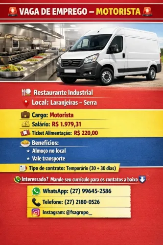 VAGA DE EMPREGO MOTORISTA CATEGORIA (B) SERRA