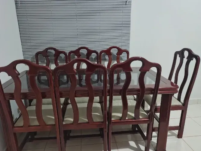 Mesa de jantar 8 cadeiras, com tampa de vidro