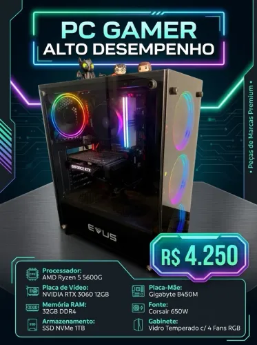 PC Gamer Ryzen 5 5600 + RTX 3060 12GB (Alto Desempenho)