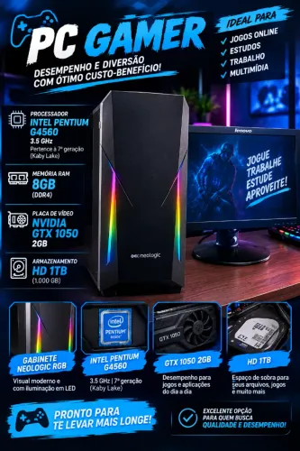 PC GAMER GABINETE NEGOLOGIC RGB 8GB de RAM - NVIDIA GTX 1050 2GB - HD 1TB