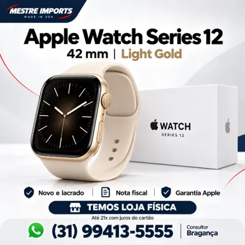 Apple Watch Series 12 de 42 mm, na cor Light Gold.
