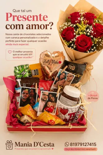 Cesta de  chocolate  e flores especiais a pronta entrega