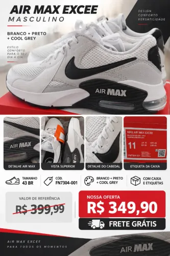 Tênis Nike Air Max Excee Masculino 43 Branco/Preto - Novo com Caixa